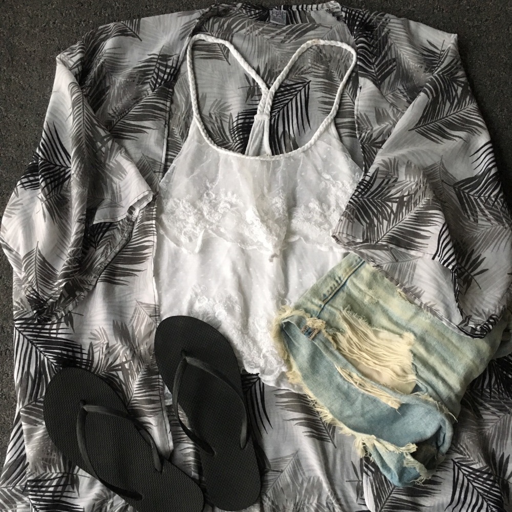 Black and white palm print swimsuit coverup/kimono
